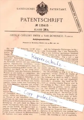 Original Patent - G. G. Smith in San Domenico , Fiesole , 1901 , Acetylengasentwickler , Florence !!!