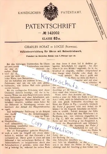 Original Patent - Charles Rosat in Locle , Schweiz , 1902 , Aufziehvorrichtung für Uhren !!!