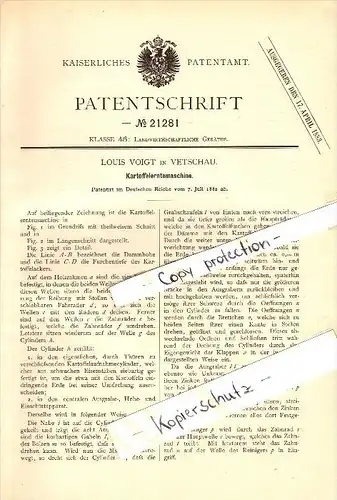 Original Patent - Louis Voigt in Vetschau / Spreewald , 1882 , Kartoffel-Erntemaschine , Landwirtschaft !!