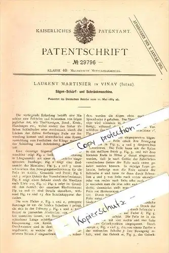 Original Patent - Laurent Martinier à Vinay , Isere , 1884 , Scie , Affutage des scies , menuiserie !!!