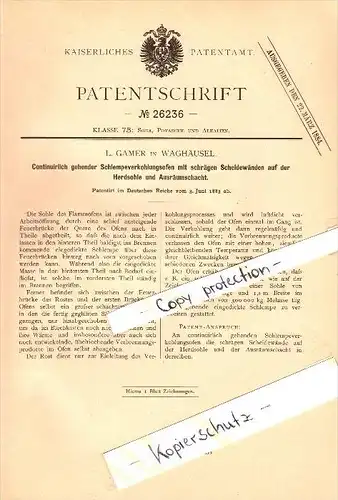 Original Patent - L. Gamer in Waghäusel , 1883 , Verkohlungsofen !!!