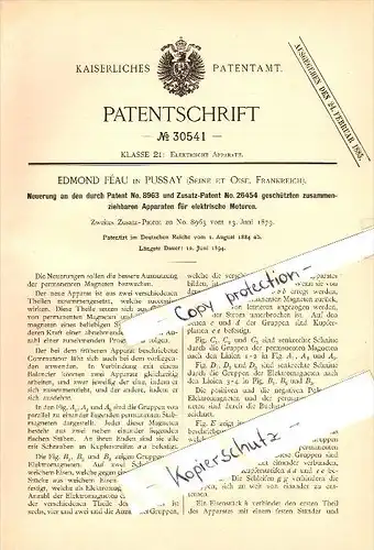 Original Patent - Edmond Féau à  Pussay , Seine et Oise , 1884 , Appareil pour moteurs électriques !!!