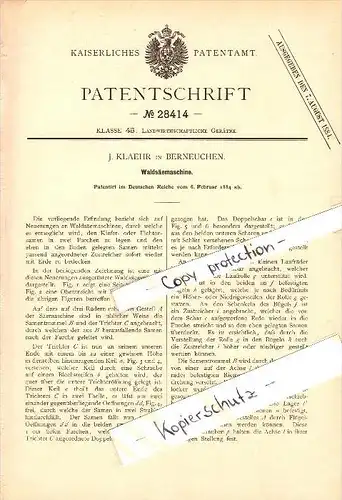 Original Patent - J. Klaehr in Berneuchen / Barnówko i. Neumark , 1884 , Wald-Säemaschine , Debno / Neudamm !!!