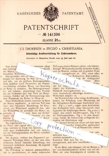 Original Patent - J. J. Thoresen in Bygdö b. Christiania , 1902 , Anlaßvorrichtung für Elektromotoren !!!