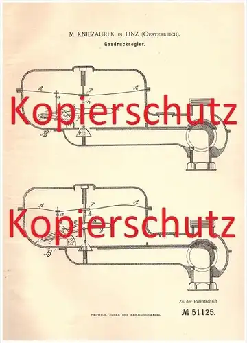 Original Patent - M. Kniezaurek in Linz , Oesterreich , 1889 , Gasdruckregler !!!