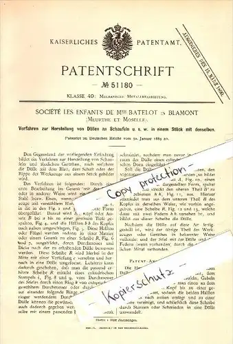 Original Patent - Société les enfants de M. Batelot à Blamont , 1889 , Fabrication de lames , Blankenberg !!!