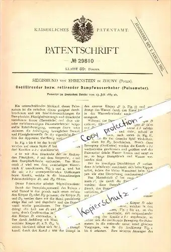 Original Patent - Siegismund von Ehrenstein in Zduny , 1884 , oszilierender Dampfwasserheber !!!