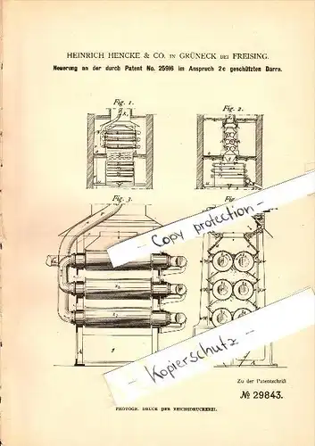 Original Patent - Heinrich Hencke & Co. in Grüneck / Neufahrn bei Freising , 1884 , Darre , Dampfapparat !!!