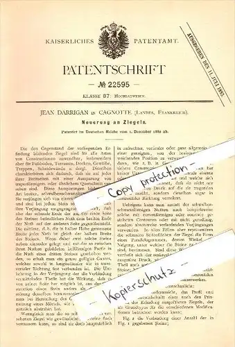 Original Patent - Jean Darrigan à Cagnotte , Landes , 1882 , Innovation de briques , tuile !!!