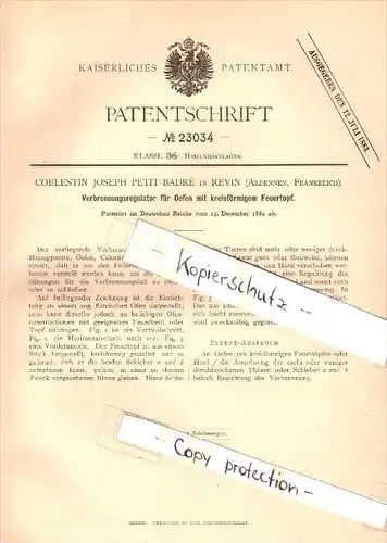 Original Patent - C.J. Petit-Badré à Revin , Ardennes , 1882 , régulateur pour poeles  !!!