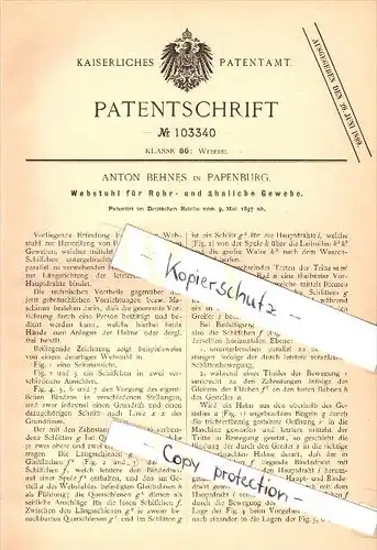 Original Patent - Anton Behnes in Papenburg a.d. Ems , 1897 , Webstuhl für Rohrgewebe , Weber , Weberei !!!