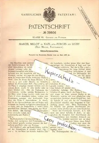 Original Patent - Marcel Millot à Naix-aux-Forges près Ligny , 1886 , La machine de moulage pour les tubes !!!