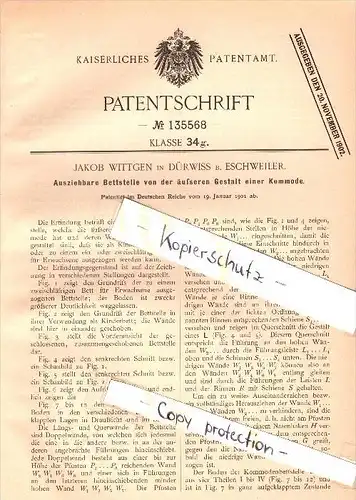 Original Patent - Jacob Wittgen in Dürwiß b. Eschweiler , 1901 , ausziehbare Bettstelle / Kommode , Möbel , Mobilar !!!