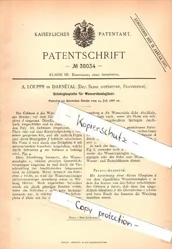 Original Patent - A. Louppe à Darnétal , Seine , 1886 , Verre de protection pour machine à vapeur !!!