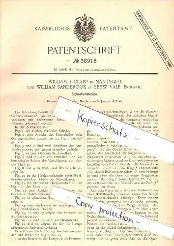 Original Patent - W. Sandbrook in Ebbw Vale und W. Clapp in Nantyglo , 1886 , safety lamp !!!