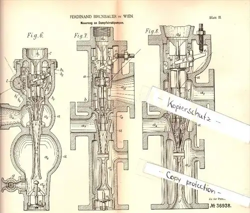 Original Patent - Ferdinand Brunbauer in Wien , 1885 , Dampfstrahlpumpe , Pumpe !!!