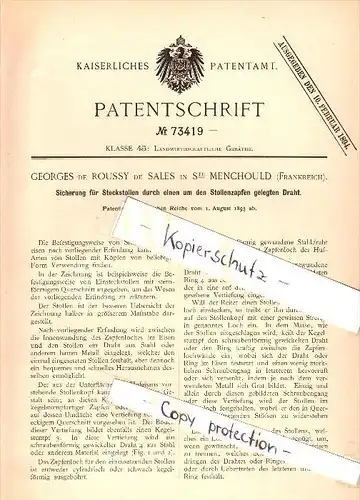 Original Patent - Georges de Roussa de Sales à Sainte Menehould , 1893 , Backup pour fers à cheval , Sainte Menchould !!