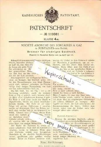 Original Patent - Société Anonyme des Fontaines a Gaz à Fontaines sur Saone , 1900, Brûleurs pour basse pression de gaz