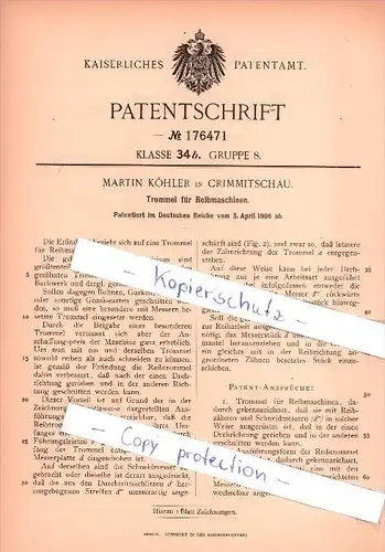 Original Patent - Martin Köhler in Crimmitschau , 1906 , Trommel für Reibmaschinen !!!