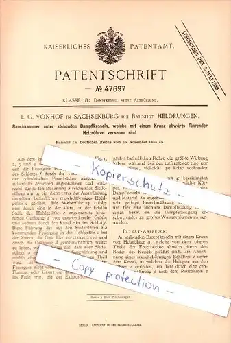 Original Patent -E.G. Vonhof in Sachsenburg / Oldisleben , 1888 , Dampfkessel , Dampfmaschine , Bahnhof Heldrungen !!!