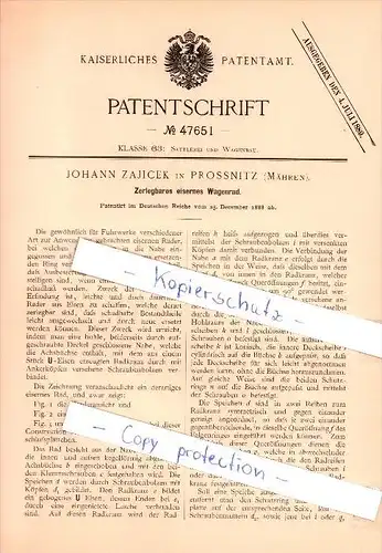 Original Patent - Johann Zajicek in Prossnitz / Prostejov , Mähren , 1888 ,  zerlegbares Wagenrad !!!