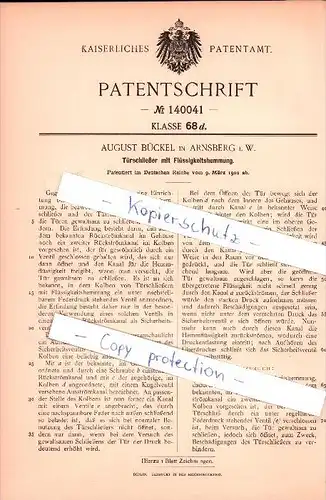 Original Patent - August Bückel in Arnsberg i. W. , 1902 , Türschließer mit Flüssigkeitshemmung !!!