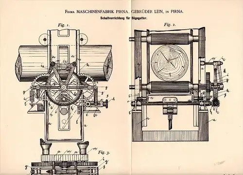 Original Patentschrift - Maschinenfabrik Gebr. Lein in Pirna , 1893 , Schaltung für Sägegatter , Sägewerk , Tischlerei