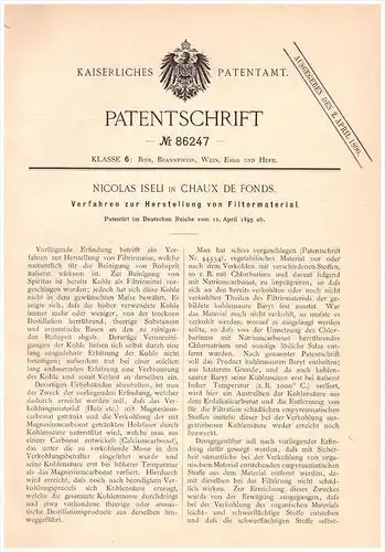 Original Patentschrift - Nicolas Iseli in La Chaux de Fonds , 1895 , Herstellung von Filtern , Alkohol , Wein , Brauerei