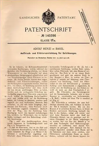 Original Patentschrift - Adolf Henzi in Basel , 1902 , Apparat für Kältemaschine , Eismaschine , Kühlschrank !!!