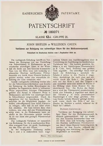 Original Patentschrift - J. Shields in Willesden Green , 1904 , Bleikammer zur Reinigung von Schwefelsäure !!!