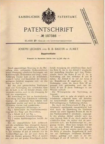 Original Patentschrift - J. Lechien in Jumet , 1897 , Doppel - Ventilator für Gruben !!!