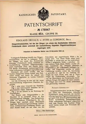 Original Patentschrift - E. Delvaux in Avions en Condroz , 1904 , Düngerstreumaschine , Düngerstreuer , Dünger , Agrar !