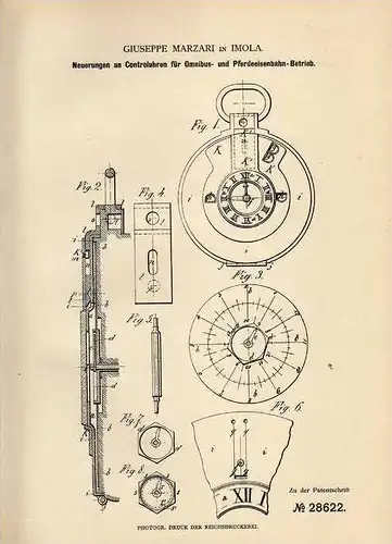 Original Patentschrift - G. Marzari in Imola , 1884 , Controlluhr für Pferde - oder Omnibus - Eisenbahn !!!