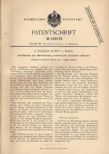 Original Patentschrift - E. Falkner in Basel , 1898 , Herstellung elektrisch leitender Körper !!!