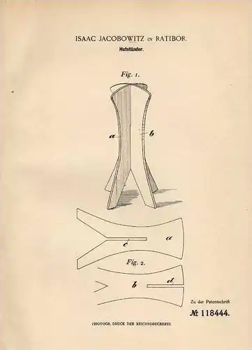 Original Patentschrift - I. Jacobowitz in Ratibor / Racibórz , 1899 , Hutständer , Hut , Hüte !!!