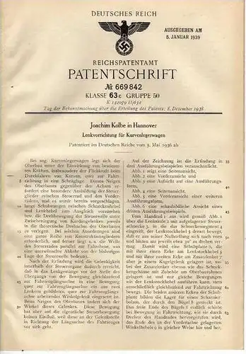 Original Patentschrift -  J. Kolbe in Hannover , 1936 , Kurvenlegerwagen , Seitenwagen , Beiwagen , BMW , NSU , Motorrad