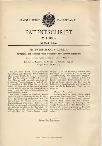 Original Patentschrift - F. Ewers & Co in Lübeck , 1899 ,Trockner für Lackierung  !!!