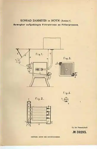 Original Patentschrift - K. Dammeyer in Hoym b. Seeland , 1886 , Filterpresse , Presse !!!