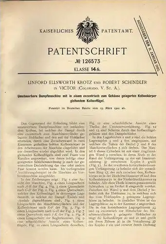 Original Patentschrift -  Krotz & Schindler in Victor , Colorado - USA , Dampfmaschine , 1901 !!!