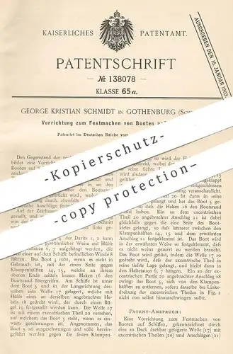 original Patent - George Kristian Schmidt , Gothenburg , Schweden , 1901 , Festmachen der Boote auf Schiff | Schiffbau