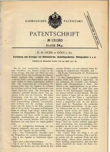 Original Patentschrift - D.H. Ochs in Köln a. Rhein ,1901 , Ansichtskarten Vorzeigeapparat , AK , Postkarte !!!