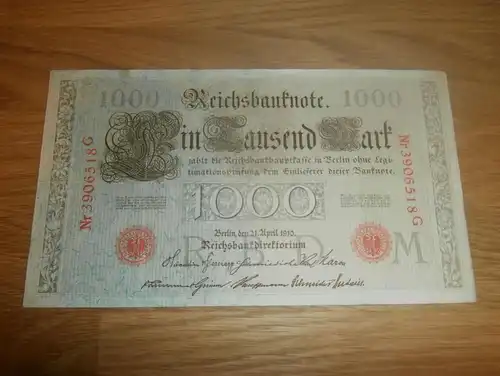 Reichsbanknote 1000 Mark 1910 , rot gestempelt , Ein Tausend Mark !!!