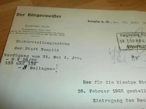 Bürgermeister von Templin , 1935 , an Regierung Potsdam , Templiner See , Landrat , Uckermark !!!