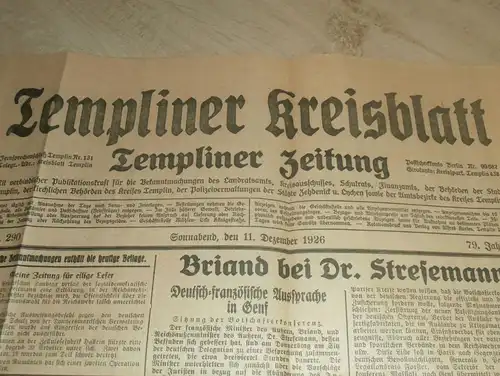 Templiner Kreisblatt , 1926 , Templin , Zehdenick , Reklame / Werbung !!!