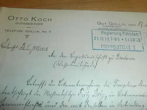 Gutsbesitzer Otto Koch in Gollin , 1918 , mit Autograph , Milmersdorf , Regierung Potsdam , Templin , Uckermark !!!