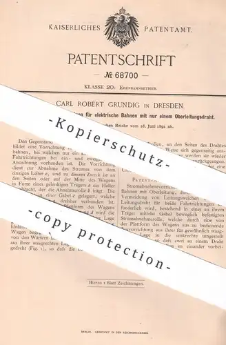 original Patent - Carl Robert Grundig , Dresden , 1892 , Stromabnehmer für elektrische Bahnen | Straßenbahn , Eisenbahn