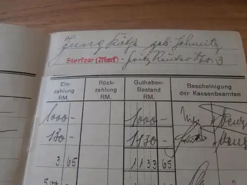 altes Sparbuch Beeskow, 1942-1945 , Käthe Jung , geb. Schmitz , Fritz Reuter Straße , Sparkasse , Bank !!!