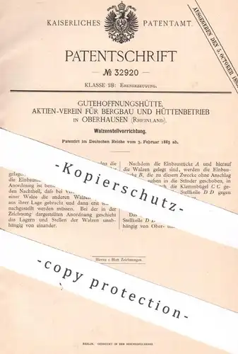 original Patent - Gutehoffnungshütte Aktien-Verein für Bergbau & Hüttenbetrieb Oberhausen | 1885 | Walze , Walzen !!