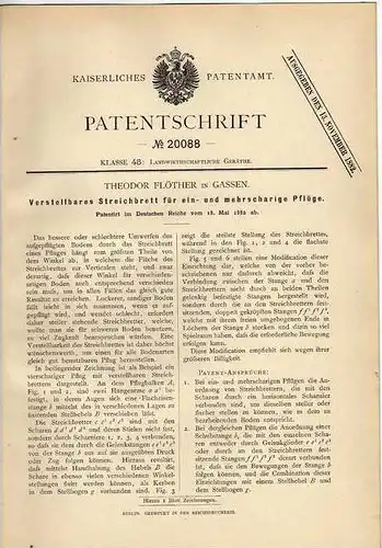 Original Patentschrift -  Streichbrett für Pflüge , 1882 , T. Flöther in Gassen / Jasien , Landwirtschaft , Agrar !!!