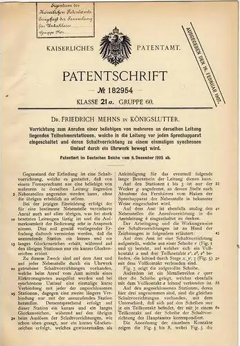 Original Patentschrift - Dr. F. Mertens in Königslutter , 1905 , Anruf - Apparat , Telephon !!!